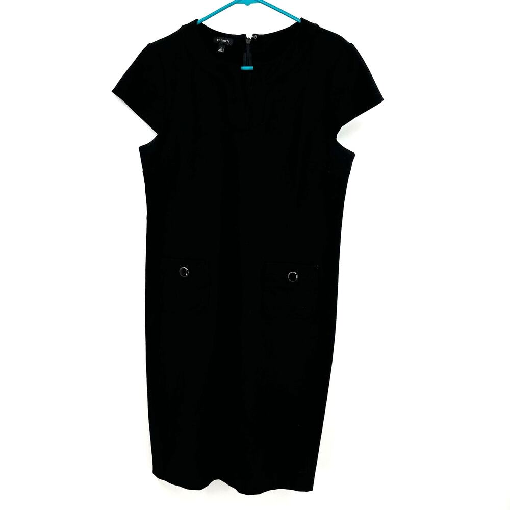 Talbots Size 6 Dress Black Short Sleeve Sheath Button Pockets Zip Up Solid Basic